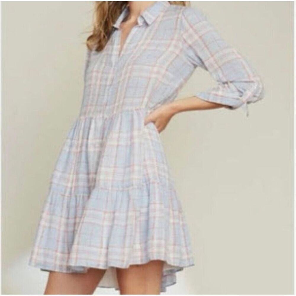 Veronica Beard Jemila Vapor Multi Plaid Shirt Dress- Size L
